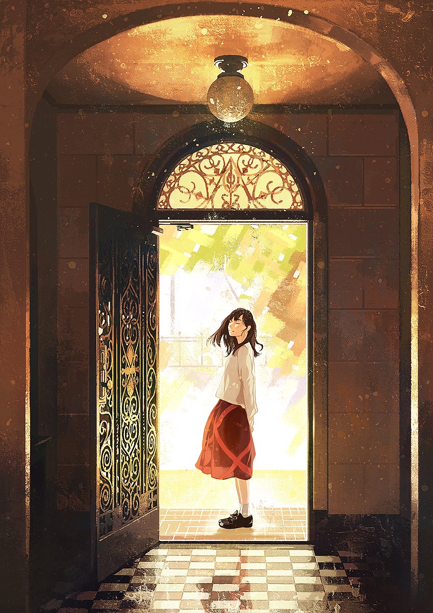 1girl arms_behind_back black_hair black_shoes blouse closed_eyes closed_mouth commentary_request day from_side gemi happy highres long_sleeves medium_hair open_door original outdoors red_skirt reflection see-through shoes skirt smile socks sunlight tile_floor tiles white_blouse white_legwear