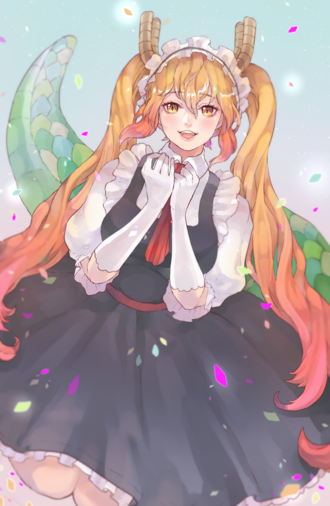 1girl blonde_hair confetti cravat dragon_girl dragon_horns dragon_tail fangs gloves gradient gradient_background gradient_hair green_background horns kneeling kobayashi-san_chi_no_maidragon long_hair looking_at_viewer maid maid_headdress multicolored_hair open_mouth orange_eyes orange_hair puffy_short_sleeves puffy_sleeves rose_(jaakotodile) short_sleeves simple_background slit_pupils tail tooru_(maidragon) twintails white_gloves