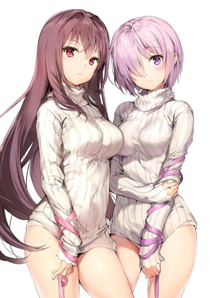 2girls anmi arm_ribbon bangs blush breasts brown_hair covered_navel dress fate/grand_order fate_(series) hair_over_one_eye large_breasts lavender_hair long_hair looking_at_viewer medium_breasts multiple_girls naked_sweater red_eyes ribbed_sweater ribbon scathach_(fate/grand_order) shielder_(fate/grand_order) short_hair simple_background sleeves_past_wrists standing sweater sweater_dress thighs turtleneck turtleneck_sweater very_long_hair violet_eyes white_background white_sweater