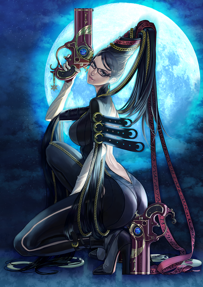 1girl ass backless_outfit backlighting bangs bare_back bayonetta bayonetta_(character) between_legs black-framed_eyewear black_bodysuit black_shoes bodysuit breasts butt_crack charm_(object) closed_mouth clouds commentary_request full_body full_moon glasses gun hand_between_legs handgun high_heels holding holding_gun holding_weapon komusubi lips long_hair long_sleeves medium_breasts mole mole_under_mouth moon moonlight one_knee outdoors pistol shoes sky smirk solo star_(sky) starry_sky swept_bangs weapon