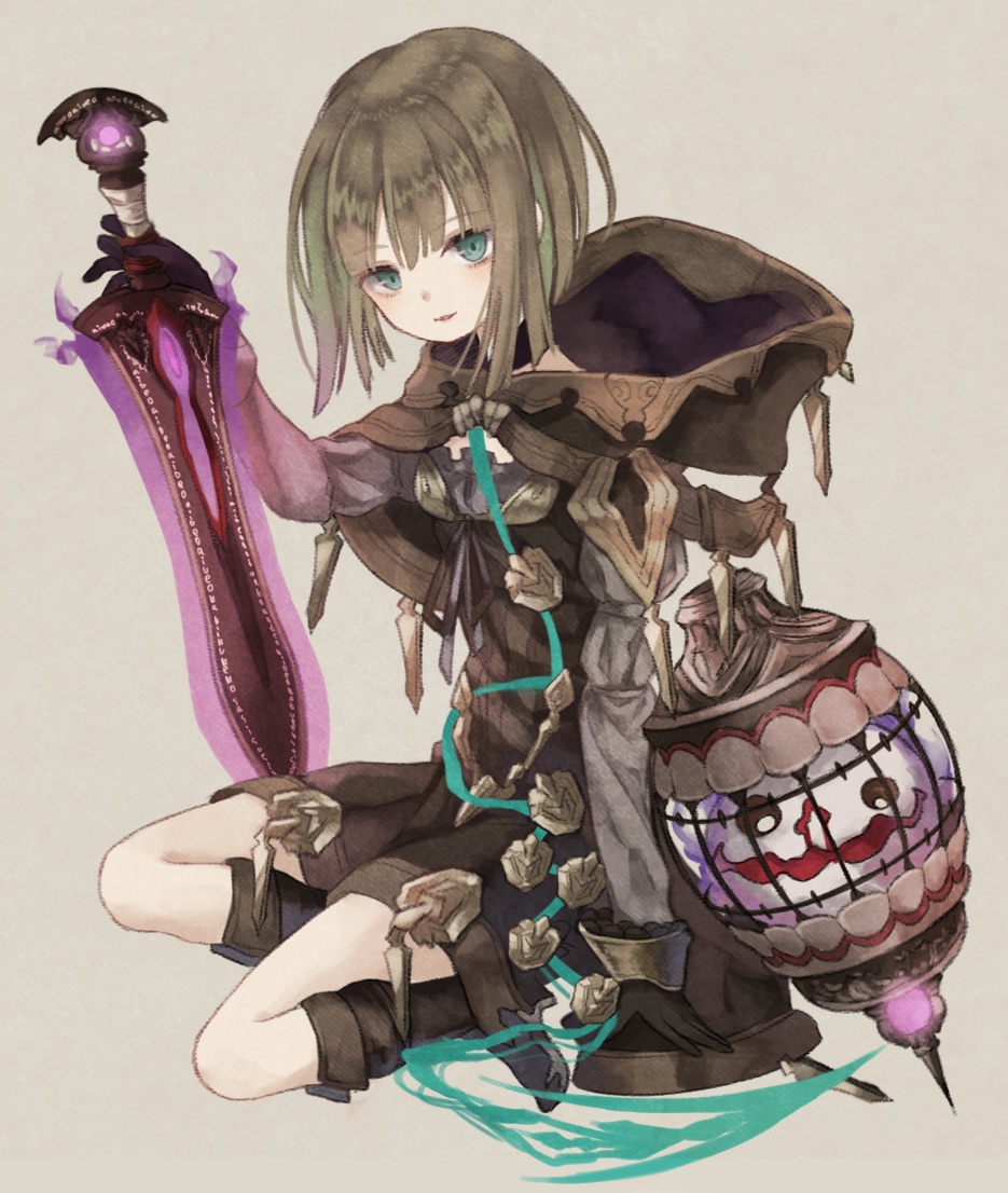 1girl boots breasts brown_hair cage cloak dress full_body green_eyes gretel_(sinoalice) hansel_(sinoalice) holding holding_sword holding_weapon hood hooded_cloak lantern looking_at_viewer oro_ponzu patterned_clothing seiza short_hair shorts simple_background sinoalice sitting smile solo sword weapon