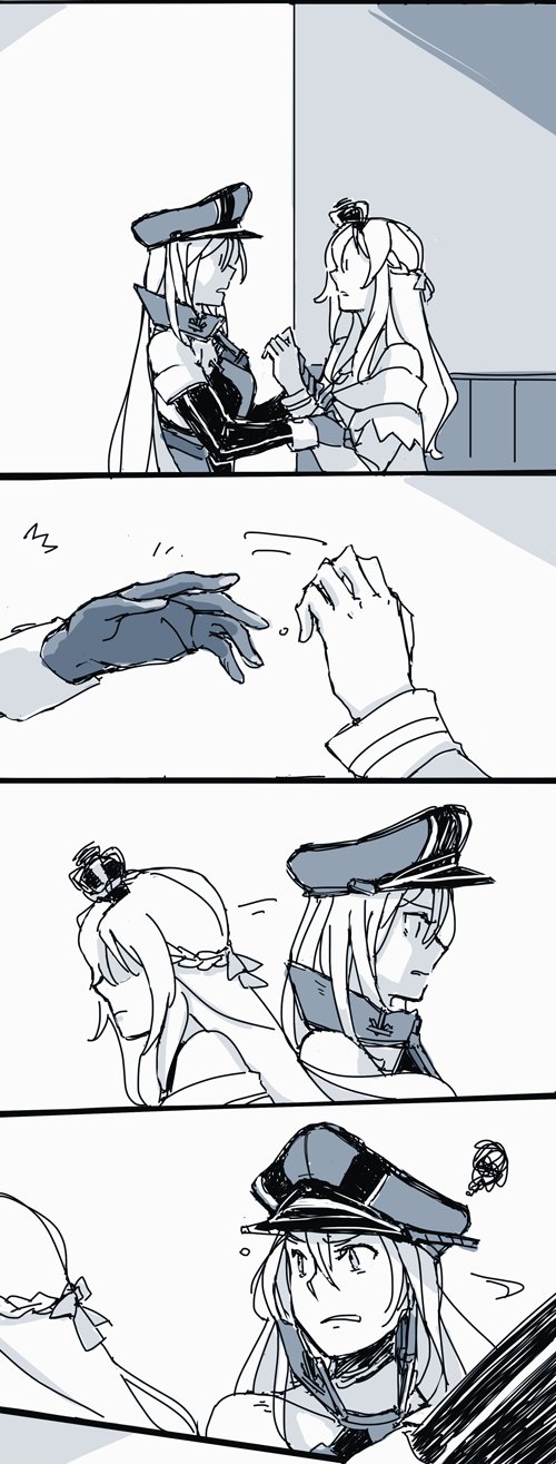 /\/\/\ 10s 2girls bare_shoulders bismarck_(kantai_collection) blush braid comic crown dress elbow_gloves eye_contact eyebrows_visible_through_hair french_braid gloves greyscale hair_between_eyes hair_ribbon hairband hat highres kantai_collection long_hair long_sleeves looking_at_another military military_hat military_uniform mini_crown monochrome multiple_girls off-shoulder_dress off_shoulder peaked_cap ribbon shaded_face sleeveless squiggle straight_hair uniform upper_body walking wall warspite_(kantai_collection) weidashming wrist_grab