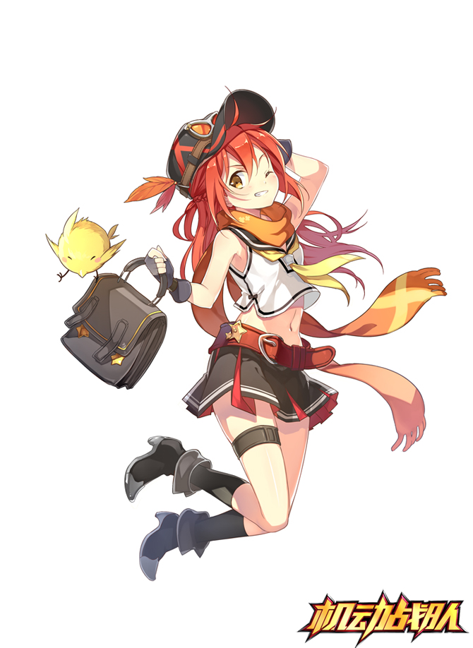 1girl bag bare_shoulders bird boots chick copyright_name fingerless_gloves full_body gloves goggles goggles_on_headwear grin hair_ornament hairclip half_updo hat jidong_zhandui kinoshita_neko long_hair looking_at_viewer midriff navel official_art one_eye_closed peaked_cap redhead scarf school_bag smile solo tachi-e thigh_strap white_background