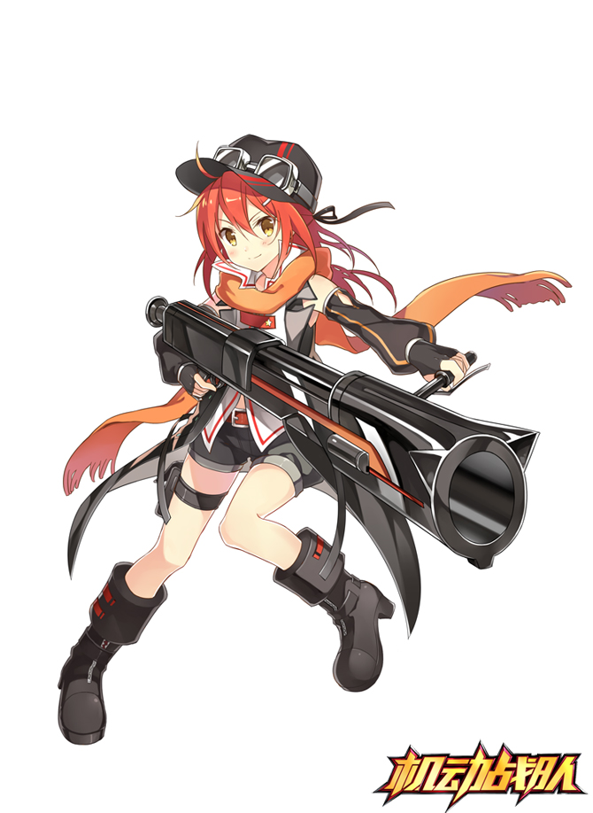 &gt;:) 1girl belt boots copyright_name detached_sleeves fingerless_gloves full_body gloves goggles goggles_on_headwear gun hair_between_eyes hair_ornament hairclip hat jidong_zhandui kinoshita_neko long_hair looking_at_viewer official_art peaked_cap redhead scarf shorts smile solo tachi-e thigh_strap weapon white_background yellow_eyes