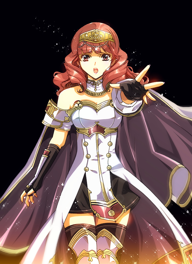1girl armor breastplate cape celica_(fire_emblem) fingerless_gloves fire_emblem fire_emblem_echoes:_mou_hitori_no_eiyuuou fire_emblem_gaiden gloves hikaru_(mikan0407) holding looking_at_viewer red_eyes redhead solo tears tiara