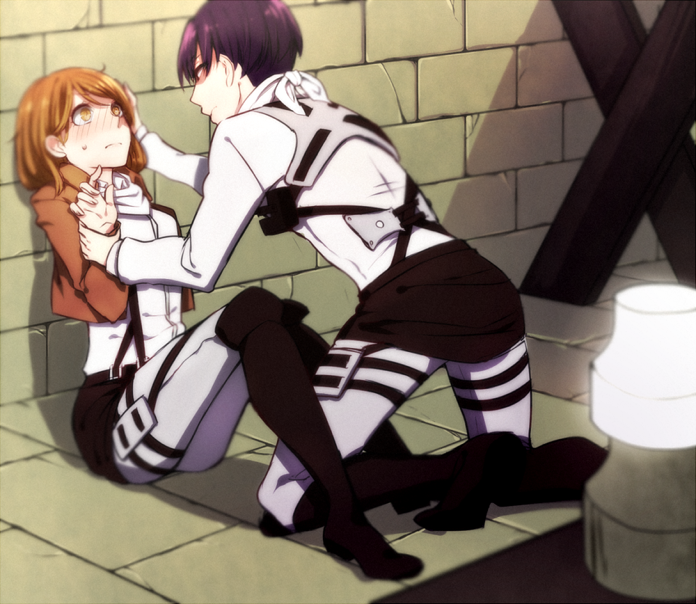 1boy 1girl against_wall black_boots black_hair blush boots brown_hair brown_jacket day dress_shirt embarrassed eye_contact grey_pants hand_in_another's_hair jacket knee_boots kneeling looking_at_another military military_uniform open_clothes open_jacket outdoors pants shingeki_no_kyojin shirt short_hair sitting sweatdrop three-dimensional_maneuver_gear uniform white_shirt wrist_grab yellow_eyes