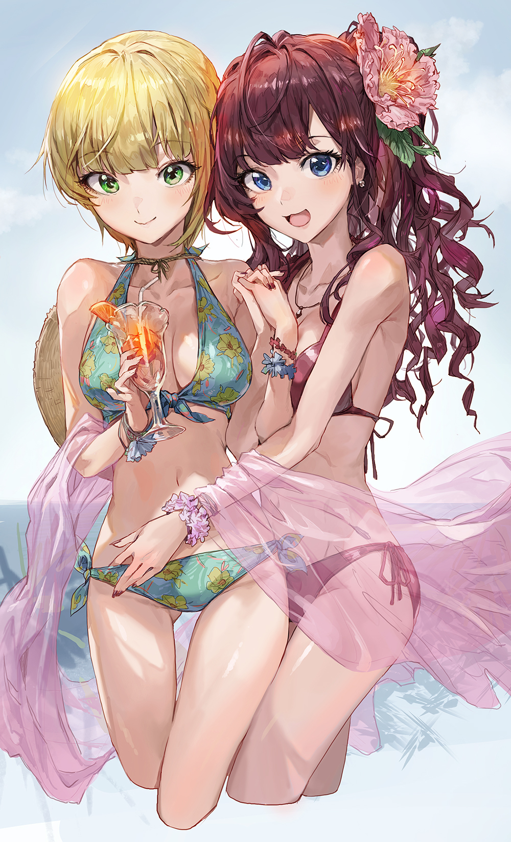 2girls :3 :d antenna_hair ass_visible_through_thighs bangs bikini blonde_hair blue_eyes breasts closed_mouth collarbone couple cropped_legs cup drink drinking_glass drinking_straw earrings eyebrows_visible_through_hair female fingernails floral_print flower flower_bracelet front-tie_bikini front-tie_top green_bikini green_eyes hair_flower hair_ornament halter_top halterneck hand_holding hand_in_swimsuit highres holding holding_cup holding_drinking_glass holding_glass horizon hug ichinose_shiki idolmaster idolmaster_cinderella_girls interlocked_fingers jewelry long_fingernails long_hair looking_at_viewer medium_breasts miyamoto_frederica mossi multiple_girls nail_polish navel necklace one_side_up open_mouth pink_flower red_bikini red_nails redhead sash see-through short_hair side-tie_bikini smile standing swimsuit thigh_gap wavy_hair yuri