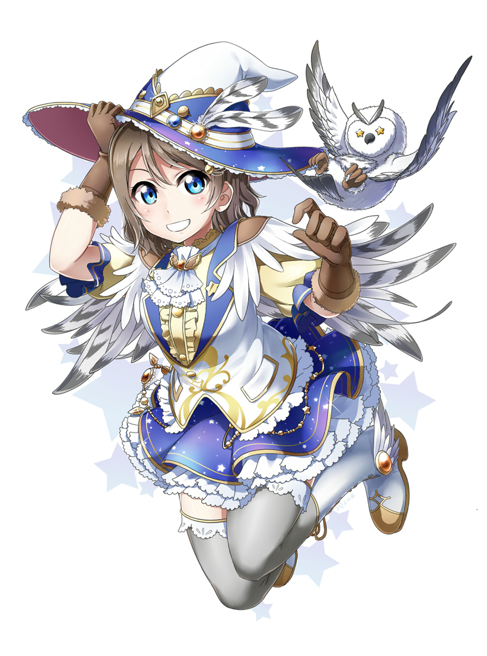 1girl bird blue_eyes feathers gloves hat highres love_live! love_live!_sunshine!! owl watanabe_you witch_hat