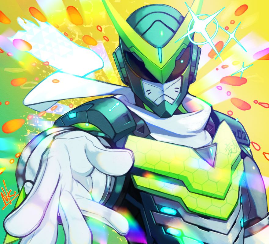 1boy abstract_background alternate_costume bodysuit commentary_request cyborg foreshortening genji_(overwatch) gloves green_background helmet looking_at_viewer mask nkatazmukai outstretched_hand overwatch power_armor reaching_out scarf sentai_genji signature solo tokusatsu upper_body white_gloves white_scarf yellow_background