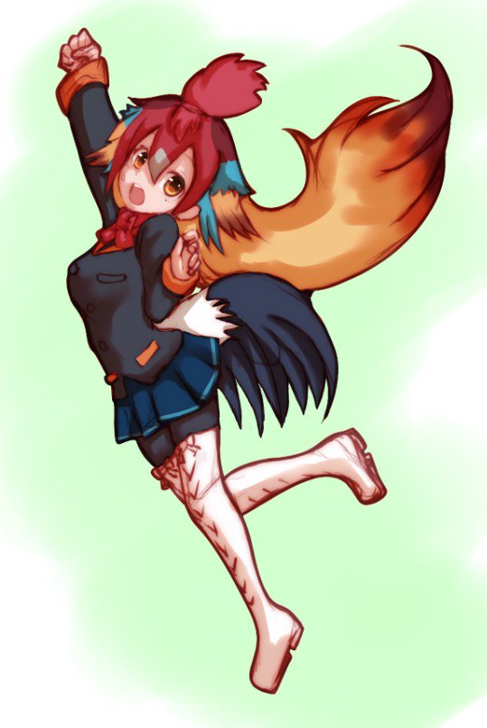 1girl blonde_hair blue_hair boots bow bowtie brown_hair feathered_wings feathers full_body kain_ty kemono_friends long_hair miniskirt multicolored_hair open_mouth orange_eyes pantyhose red_junglefowl_(kemono_friends) redhead skirt solo teeth wings