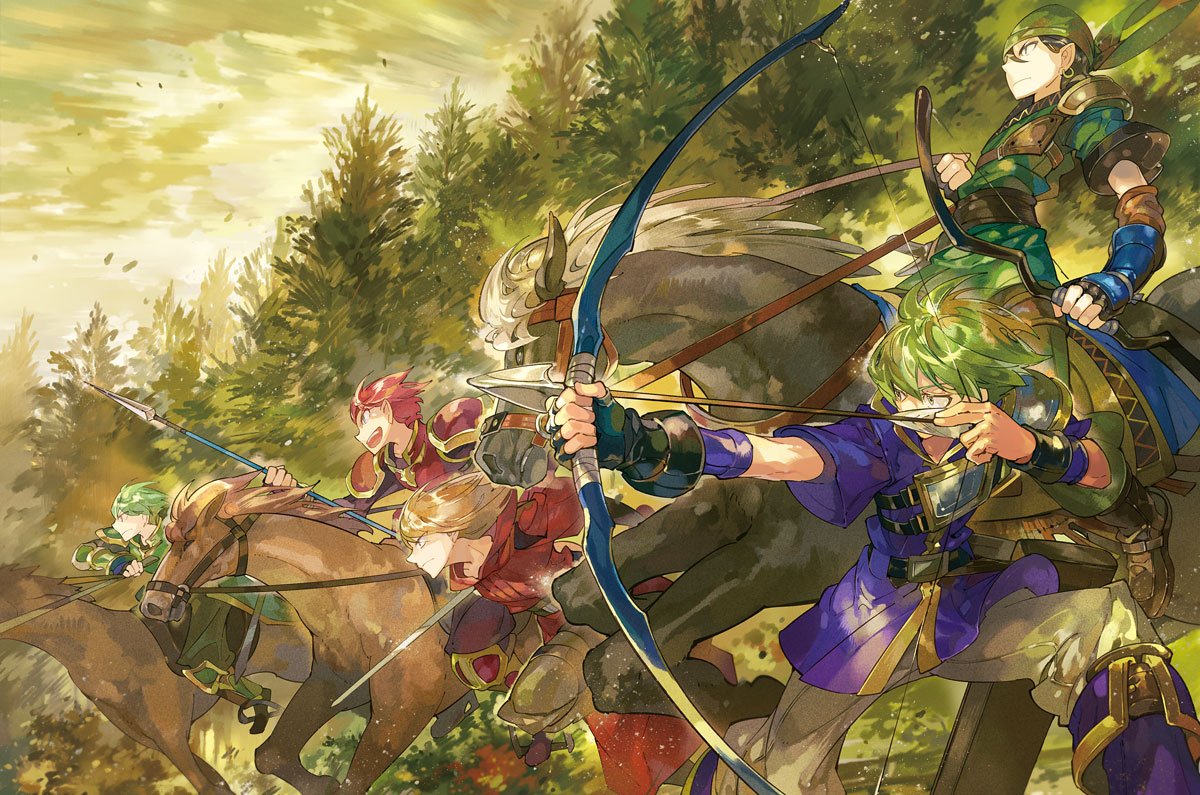 5boys alen armor arrow bow_(weapon) cloak forest holding holding_sword holding_weapon horse lance_(fire_emblem) multiple_boys nature noki_(affabile) outdoors polearm riding rutgar shin_(fire_emblem) smile spear sword weapon wolt