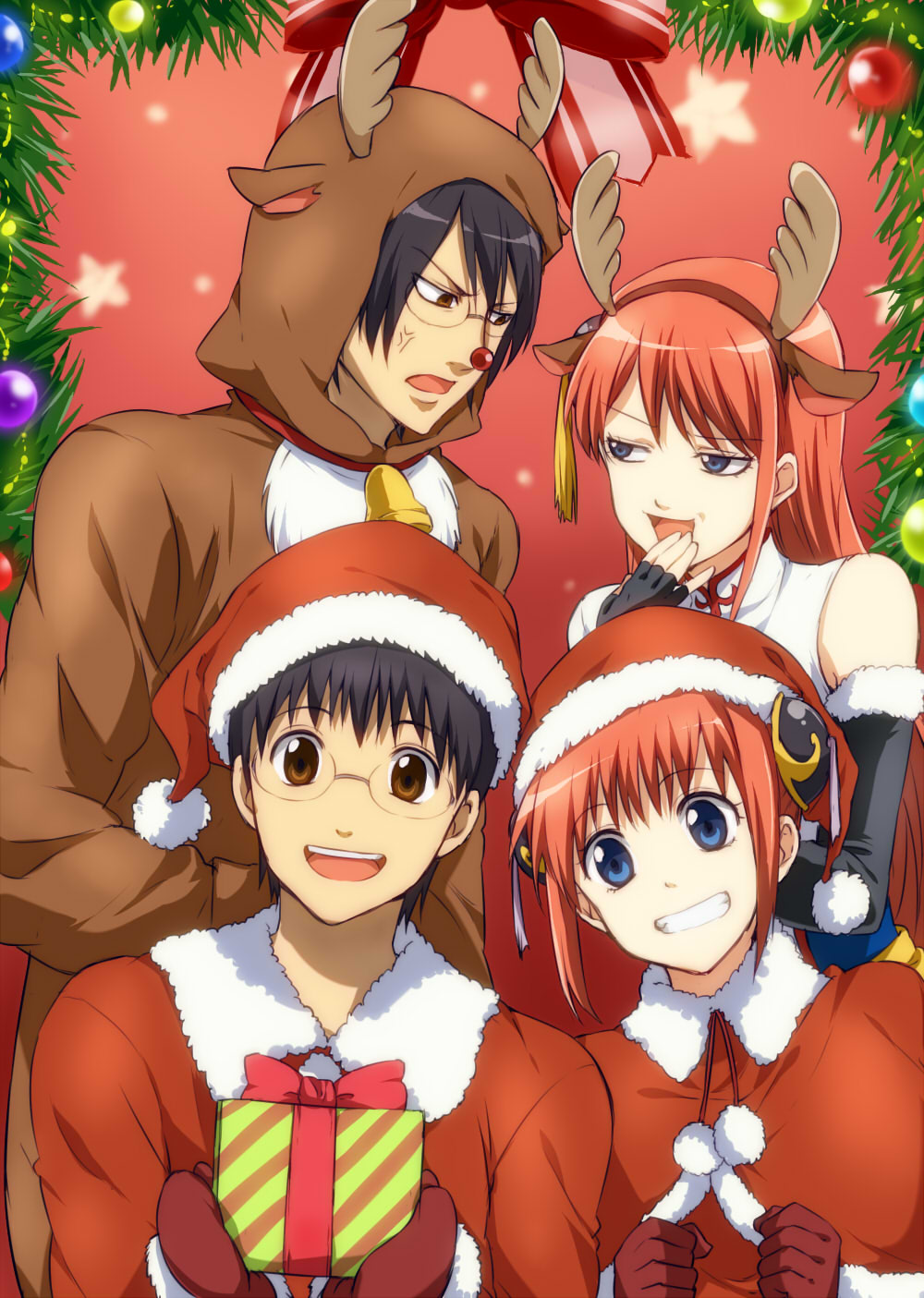 2boys 2girls animal_costume animal_ears antlers bell bell_collar black_gloves black_hair blue_eyes box brown_eyes brown_hairband capelet collar covering_mouth double_bun eyebrows_visible_through_hair fake_animal_ears fake_horns fingerless_gloves gift gift_box gintama glasses gloves grin hand_over_own_mouth hat highres holding holding_box kagura_(gintama) long_hair looking_at_viewer maruki_(punchiki) multiple_boys multiple_girls open_mouth red_gloves red_hat red_nose redhead reindeer_antlers reindeer_costume reindeer_ears santa_costume santa_gloves santa_hat shimura_shinpachi short_hair smile standing very_long_hair
