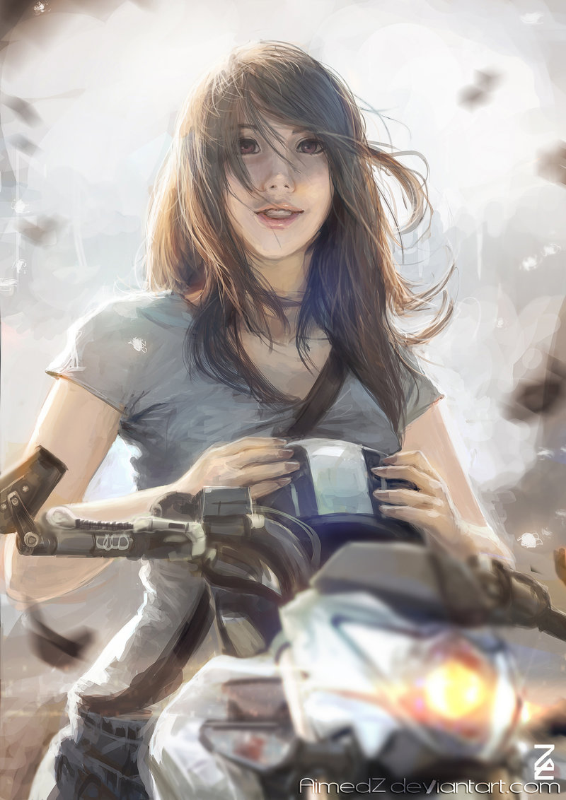 1girl aimedz artist_name bicycle blue_shirt brown_eyes brown_hair deviantart_username ground_vehicle helmet holding holding_helmet kawasaki lips long_hair looking_at_viewer motorcycle_helmet original parted_lips shirt short_sleeves solo teeth watermark web_address