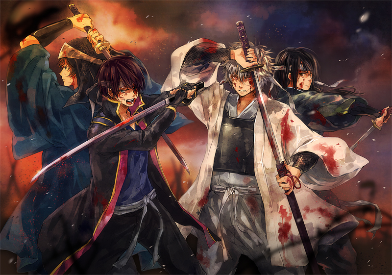 4boys arms_up belt black_gloves black_hair black_pants blood blood_on_face bloody_clothes blue_shirt cowboy_shot fingerless_gloves gintama gloves grey_kimono grey_pants headband holding holding_sword holding_weapon katana katsura_kotarou long_hair looking_at_viewer multiple_boys nuriko-kun open_mouth outdoors pants parted_lips red_eyes sakamoto_tatsuma sakata_gintoki sheath shirt silver_hair standing sword takasugi_shinsuke unsheathing weapon