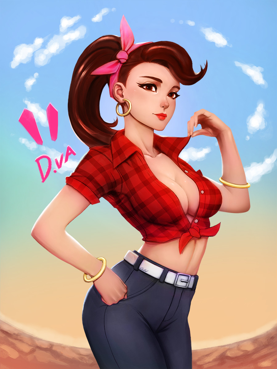 1girl alternate_costume bangle bangs belt blue_pants blue_sky bracelet breasts brown_eyes brown_hair character_name cleavage clouds cloudy_sky collarbone contrapposto cowboy_shot cruiser_d.va d.va_(overwatch) day earrings eyelashes eyeliner eyeshadow fingernails front-tie_top gabriel_carrasquillo hair_ribbon hairband hand_on_hip hand_up highres hoop_earrings jewelry legs_together lipstick long_hair looking_at_viewer makeup mascara medium_breasts no_bra nose outdoors overwatch pants pink_hairband pink_ribbon plaid plaid_shirt ponytail pulled_by_self red_lips red_lipstick red_shirt ribbon shirt shirt_pull short_sleeves sky smile solo swept_bangs unbuttoned unbuttoned_shirt white_belt