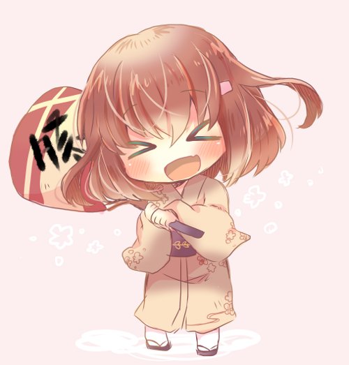 &gt;_&lt; 10s 1girl alternate_costume brown_hair brown_kimono chibi closed_eyes fan fang full_body hair_ornament hairclip ikazuchi_(kantai_collection) japanese_clothes kantai_collection kimono kouu_hiyoyo open_mouth short_hair simple_background solo yukata