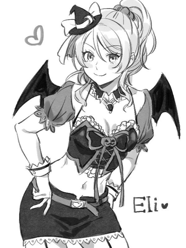 1girl ayase_eli bat_wings belt breasts cleavage cowboy_shot detached_collar garter_straps greyscale hands_on_hips hat heart high_ponytail love_live! love_live!_school_idol_project midriff mini_hat mini_witch_hat miniskirt monochrome navel rin2010 scrunchie skirt smile solo wings witch_hat wrist_cuffs