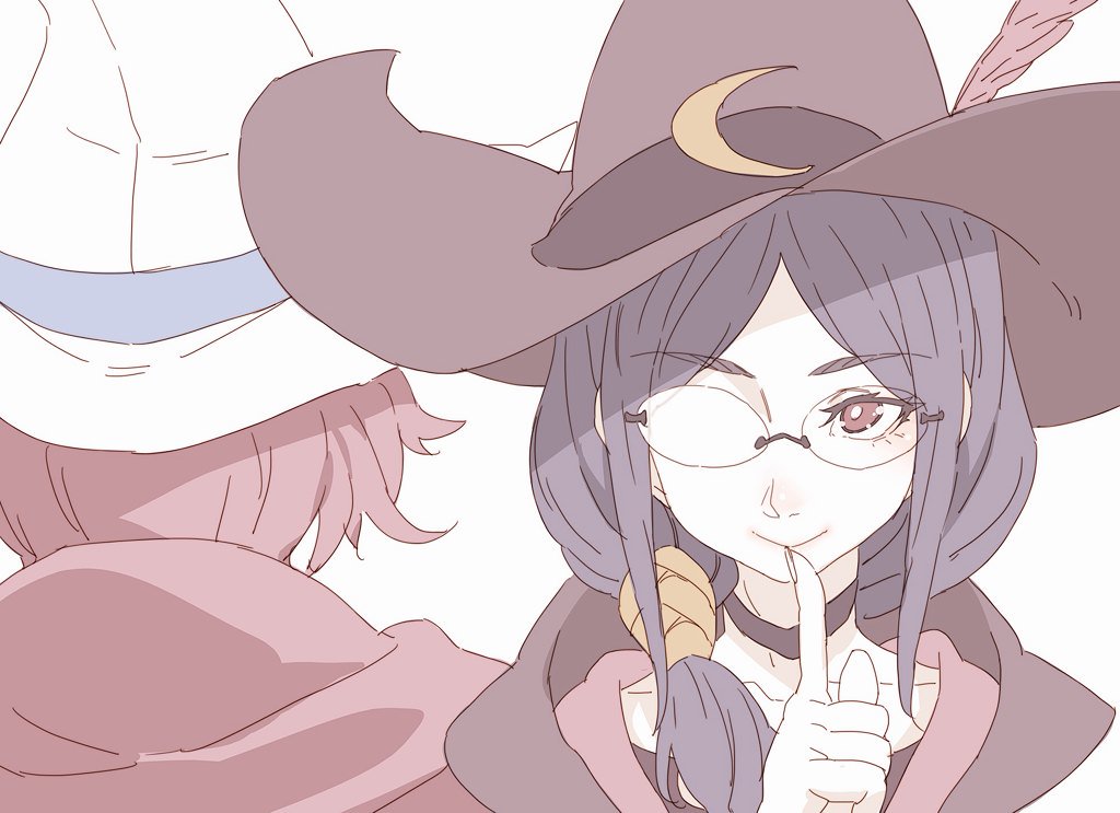 2girls blue_hair dual_persona finger_to_mouth glasses hat little_witch_academia long_hair multiple_girls red_eyes shiny_chariot shushing smile spoilers tasaka_shinnosuke ursula_charistes white_background white_hat witch witch_hat