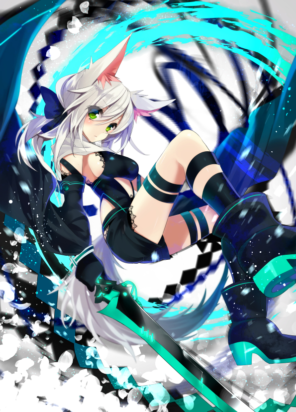 1girl animal_ears ankle_boots belt bent_knees black_gloves black_legwear blush boots breasts detached_sleeves flying fox_ears fox_girl fox_tail gloves green_eyes hair_between_eyes hair_ribbon holding lace large_breasts long_hair nekoboshi_sakko original ribbon shoes short_shorts shorts silver_hair socks solo sword tail thigh_strap weapon