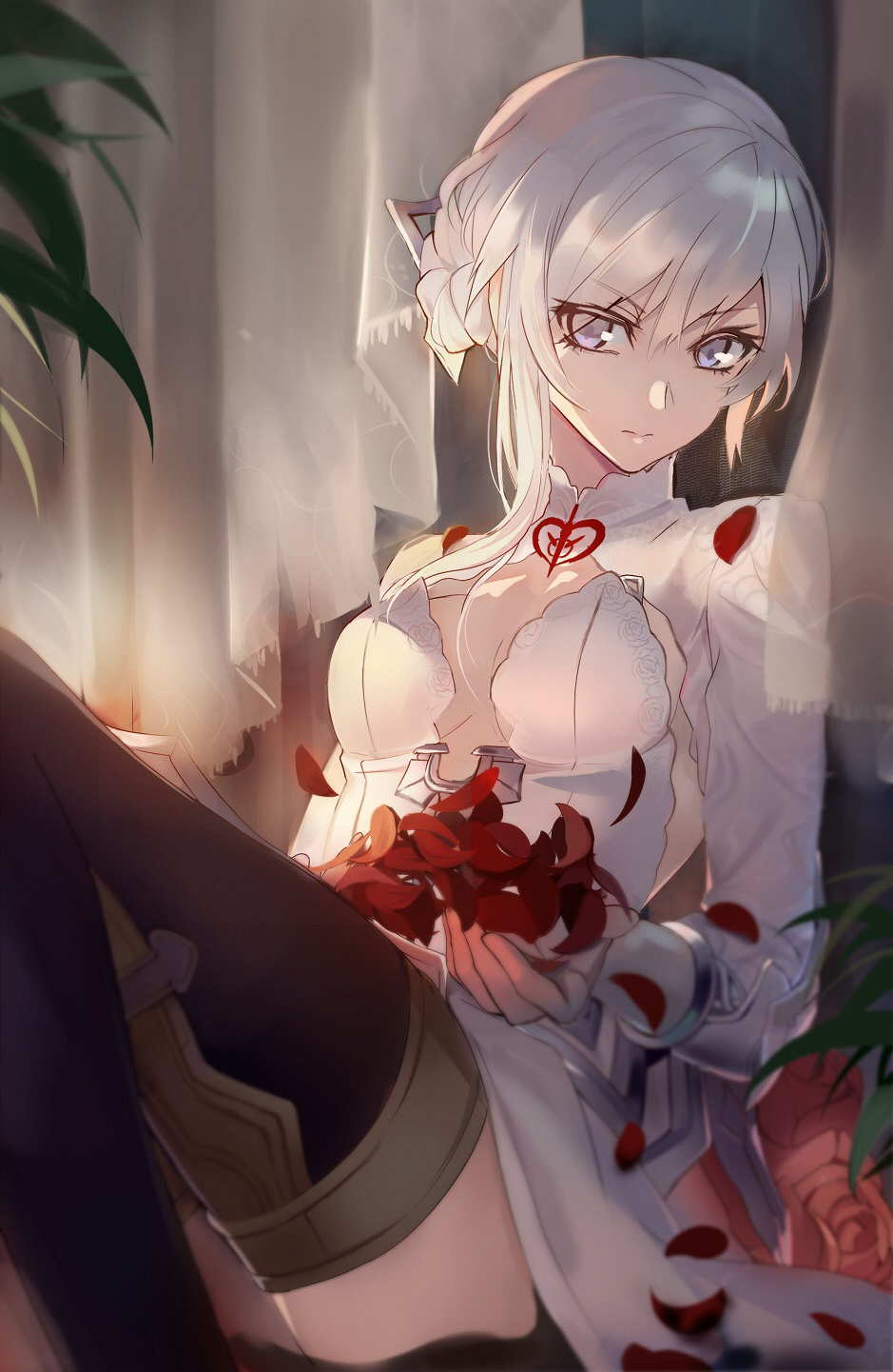 1girl blue_eyes breasts cleavage dress eyelashes flower highres long_sleeves looking_at_viewer pale_skin petals qitoli silver_hair sinoalice sitting snow_white_(sinoalice) solo thigh-highs white_hair