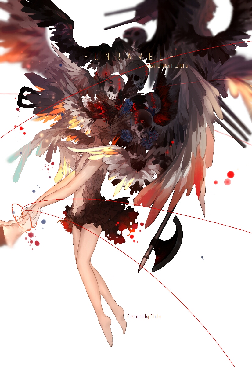 1girl bare_arms bare_legs black_wings blue_flower cannon character_name english feathered_wings floating from_side halberd hand_holding highres knees_together_feet_apart looking_afar looking_up machinery navel north_carolina_(zhan_jian_shao_nyu) polearm profile red_eyes red_string shadow short_hair skirt skull solo spot_color spread_wings string torn_clothes torn_skirt weapon white_background wings yi_yu zhan_jian_shao_nyu