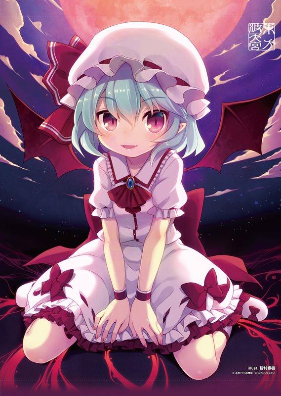 1girl artist_name ascot bangs bat_wings between_legs blue_hair blush bow clouds eyebrows_visible_through_hair fangs frilled_skirt frills full_body full_moon hair_between_eyes hand_between_legs hat hat_bow jewelry looking_at_viewer minamura_haruki mob_cap moon night open_mouth pendant pointy_ears red_bow remilia_scarlet ribbon-trimmed_skirt shoe_bow shoes short_hair short_sleeves sitting skirt slit_pupils smile solo star_(sky) touhou violet_eyes wariza white_hat white_shoes white_skirt wings wristband