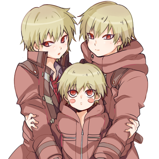 3boys age_comparison blonde_hair blush_stickers boy_sandwich chuck_(katakori344) coat dangan_ronpa dangan_ronpa_3 izayoi_sounosuke locked_arms looking_at_viewer looking_away male_focus multiple_boys multiple_persona necktie open_mouth red_coat red_eyes red_necktie sandwiched school_uniform short_hair simple_background white_background younger