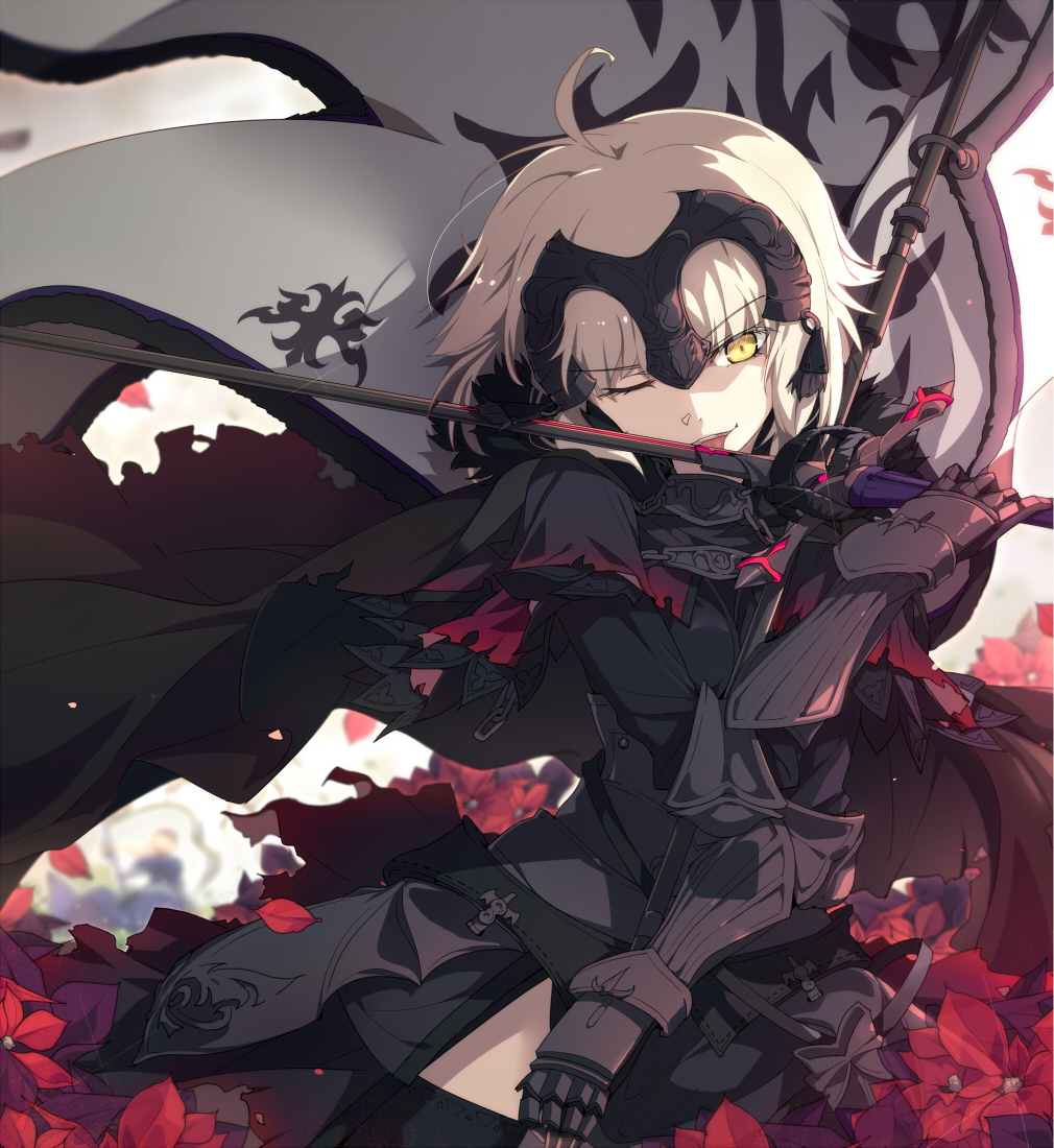 1girl ;) ahoge armor bangs black_dress black_legwear blurry depth_of_field dress eyebrows_visible_through_hair fate/grand_order fate_(series) flower gauntlets grey_hair headpiece holding holding_flag holding_sword holding_weapon jeanne_alter licking licking_weapon looking_at_viewer ogipote one_eye_closed parted_lips petals poinsettia red_flower ruler_(fate/apocrypha) smile solo standard_bearer sword thigh-highs weapon yellow_eyes