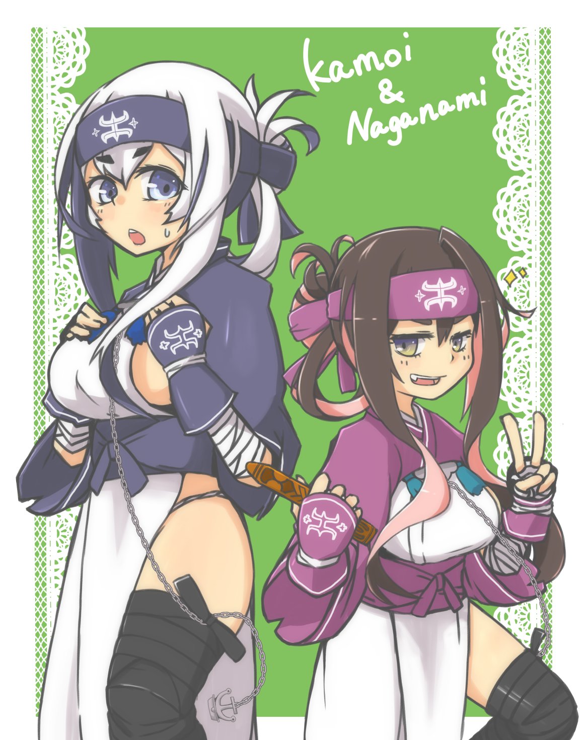 2girls ainu_clothes alternate_costume anchor black_hair blue_eyes blush breasts brown_eyes brown_hair chains character_name cosplay fang gloves green_background grin hands_on_own_chest headband height_difference highres kamoi_(kantai_collection) kamoi_(kantai_collection)_(cosplay) kantai_collection lace_border large_breasts leg_wraps long_hair looking_at_viewer macbail multicolored_hair multiple_girls naganami_(kantai_collection) pink_hair sideboob smile sparkle sweatdrop tabard tassel thigh-highs two-tone_hair v wavy_hair white_hair wrist_wraps