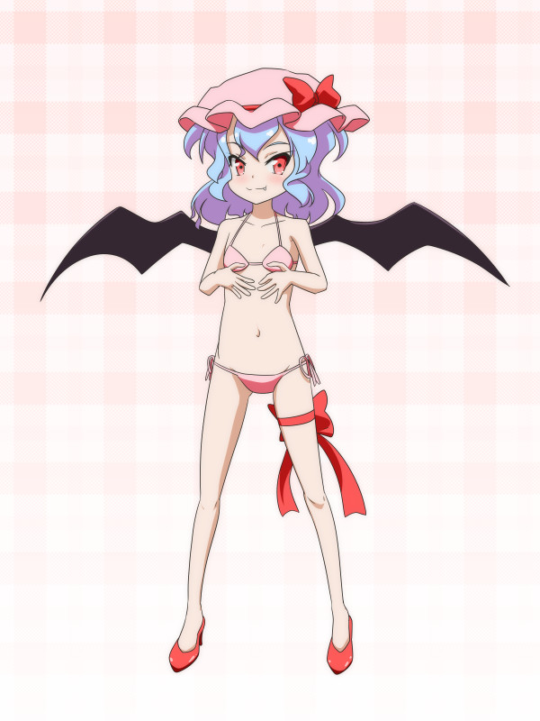 &gt;:3 1girl :3 alternate_costume bat_wings bikini blue_hair bow cato_(monocatienus) commentary_request fang_out flat_chest full_body hands_on_own_chest hat hat_bow high_heels looking_at_viewer mob_cap navel petite pink_bikini plaid plaid_background red_eyes remilia_scarlet ribbon shoes short_hair side-tie_bikini solo swimsuit thigh_ribbon touhou wavy_hair wings