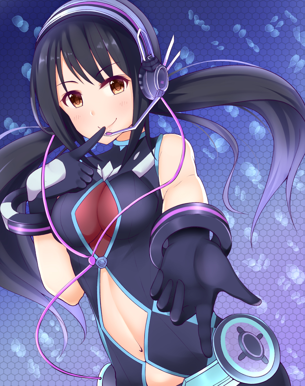 1girl bare_shoulders black_hair blush breasts brown_eyes cleavage h3po4_chiba headphones highres idolmaster idolmaster_cinderella_girls idolmaster_cinderella_girls_starlight_stage long_hair looking_at_viewer medium_breasts nakano_yuka navel nothing_but_you open_mouth smile solo thigh-highs twintails