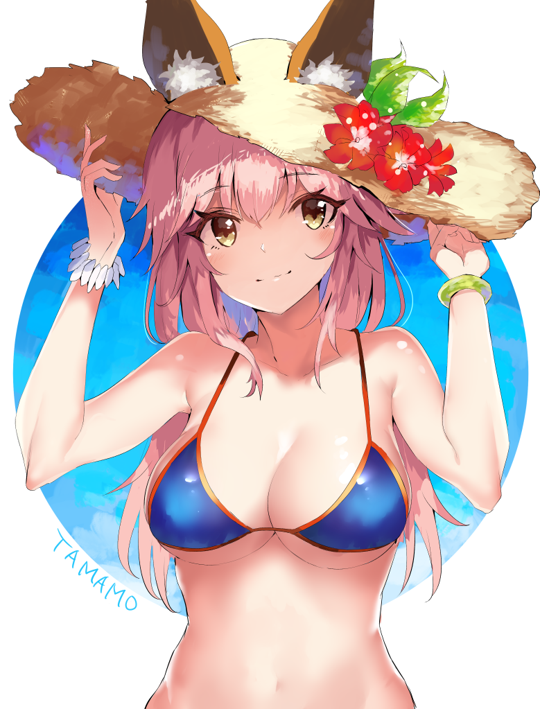 1girl animal_ears bikini bracelet breasts character_name collarbone eyebrows_visible_through_hair fate/grand_order fate_(series) flower fox_ears hat hat_flower jewelry light_smile long_hair looking_at_viewer looking_to_the_side medium_breasts pink_hair rinaka_moruchi solo straw_hat swimsuit tamamo_(fate)_(all) tamamo_no_mae_(swimsuit_lancer)_(fate) upper_body yellow_eyes