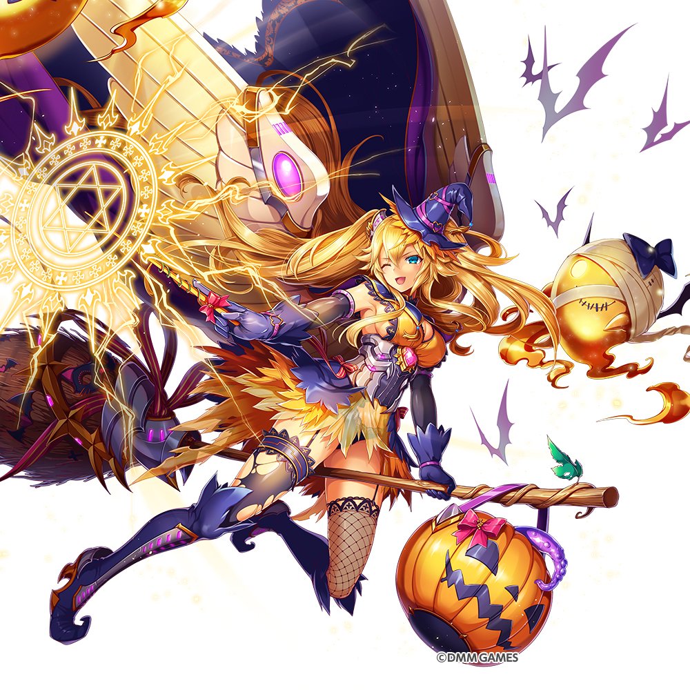 1girl bat black_legwear blonde_hair blue_eyes boots bow breasts broom broom_riding cape commentary_request elbow_gloves fishnet_legwear fishnets full_body garter_straps ghost gloves halloween hat holding jack-o'-lantern kami_project long_hair magic medium_breasts official_art one_eye_closed open_mouth panties pumpkin see-through sideboob simple_background sleeveless sparkle thigh-highs thigh_boots underwear very_long_hair wand wings witch witch_hat