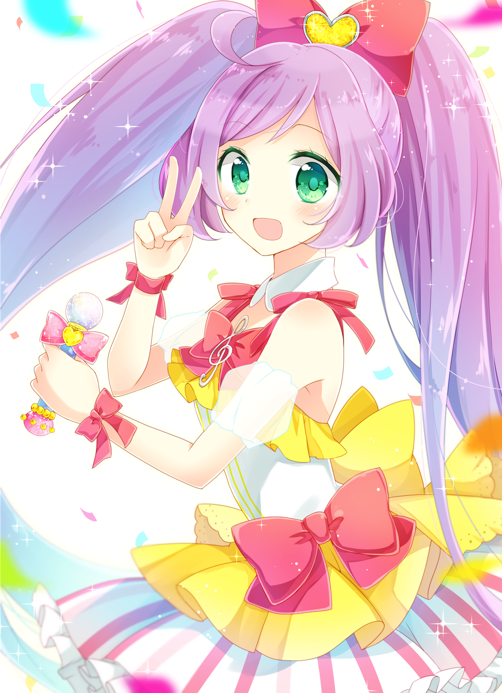 1girl bangs bow eyebrows_visible_through_hair goma_(11zihisin) green_eyes hair_bow hand_up highres long_sleeves looking_at_viewer manaka_lala open_mouth pripara purple_hair skirt smile solo swept_bangs treble_clef twintails v white_background