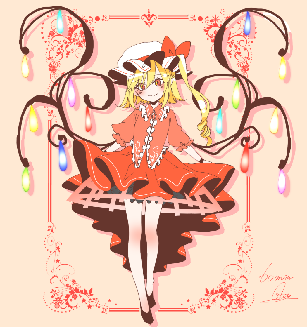 1girl alternate_costume blouse brooch curtsey flandre_scarlet full_body hat head_tilt jewelry legs looking_at_viewer mob_cap shoes short_hair_with_long_locks side_ponytail skirt skirt_lift smile solo souta_(karasu_no_ouchi) touhou wings