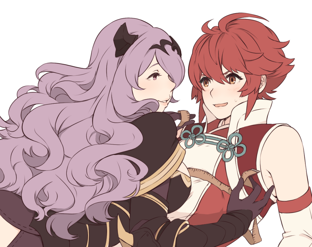 2girls ai-wa armor blush camilla_(fire_emblem_if) curly_hair fire_emblem fire_emblem_if gloves hinoka_(fire_emblem_if) long_hair multiple_girls purple_hair redhead short_hair simple_background smile white_background