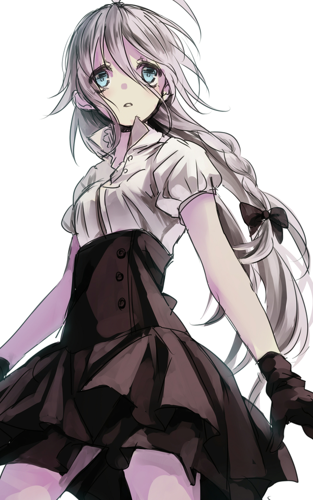 1girl ahoge black_bow black_gloves black_skirt blue_eyes bow braid cowboy_shot float floating_hair gloves hair_between_eyes hair_bow high-waist_skirt ia_(vocaloid) long_hair nonoharak parted_lips shirt short_sleeves silver_hair simple_background sketch skirt solo standing very_long_hair vocaloid white_background white_shirt