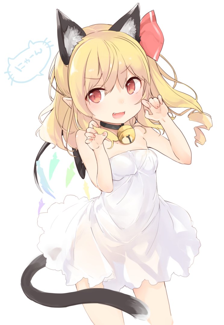 &gt;:d 1girl :d animal_ears arms_up bare_shoulders bell bell_choker blonde_hair breasts cat_ears cat_tail choker claw_pose collarbone crystal dress extra_ears eyebrows_visible_through_hair fang flandre_scarlet jingle_bell kedama_milk kemonomimi_mode lips long_hair open_mouth paw_pose pointy_ears red_eyes ribbon see-through_silhouette short_dress side_ponytail small_breasts smile solo strapless strapless_dress sundress tail thighs touhou white_dress wings