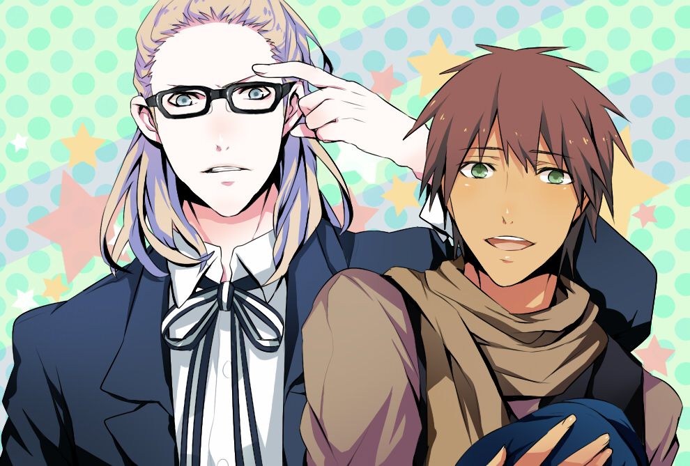 1boy adjusting_glasses aijima_cecil beret black_glasses blonde_hair blue_eyes blush brown_hair brown_scarf brown_shirt buttons camus_(uta_no_prince-sama) collar collared_shirt dark_skin eyebrows eyebrows_visible_through_hair glasses green_background green_eyes hat hat_removed headwear_removed hiiroichi jacket looking_at_viewer male_focus open_mouth parted_lips purple_background ribbon scarf shirt short_hair simple_background smile star starry_background striped striped_ribbon teeth upper_body upper_teeth uta_no_prince-sama white_shirt