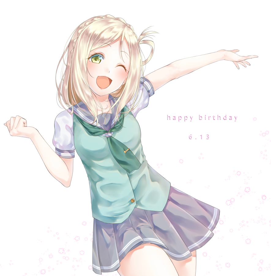 1girl ;d aqua_neckerchief blonde_hair braid clenched_hand crown_braid dated hair_rings happy_birthday looking_at_viewer love_live! love_live!_sunshine!! neckerchief noppi_(noppi_98) ohara_mari one_eye_closed open_mouth outstretched_arm pleated_skirt school_uniform serafuku skirt smile solo tie_clip vest white_background