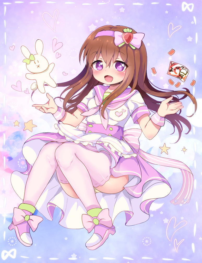 1girl alice_margatroid blush boots breasts brown_hair cookie_(touhou) curvy eyebrows_visible_through_hair food_themed_hair_ornament hair_ornament hairband high_heel_boots high_heels ichigo_(cookie) long_hair looking_at_viewer medium_breasts neckerchief open_mouth pink_legwear pink_neckerchief plump po_(seiga67696379) purple_boots smile solo star star-shaped_pupils strawberry_hair_ornament stuffed_animal stuffed_bunny stuffed_toy symbol-shaped_pupils thigh-highs touhou violet_eyes