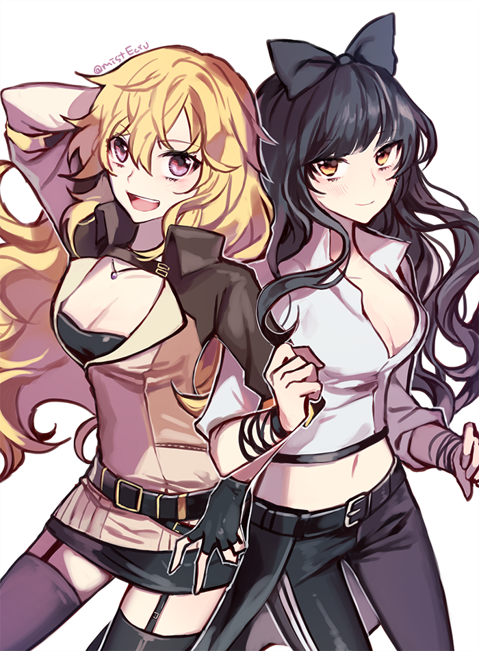2girls alternate_costume artist_name belt black_hair blake_belladonna blonde_hair blush bow breasts cleavage cleavage_cutout commentary_request ecru fingerless_gloves garter_straps gloves hair_bow jewelry locked_arms long_hair looking_at_viewer medium_breasts multiple_girls navel necklace open_clothes open_mouth open_shirt rwby shirt smile violet_eyes yang_xiao_long yellow_eyes