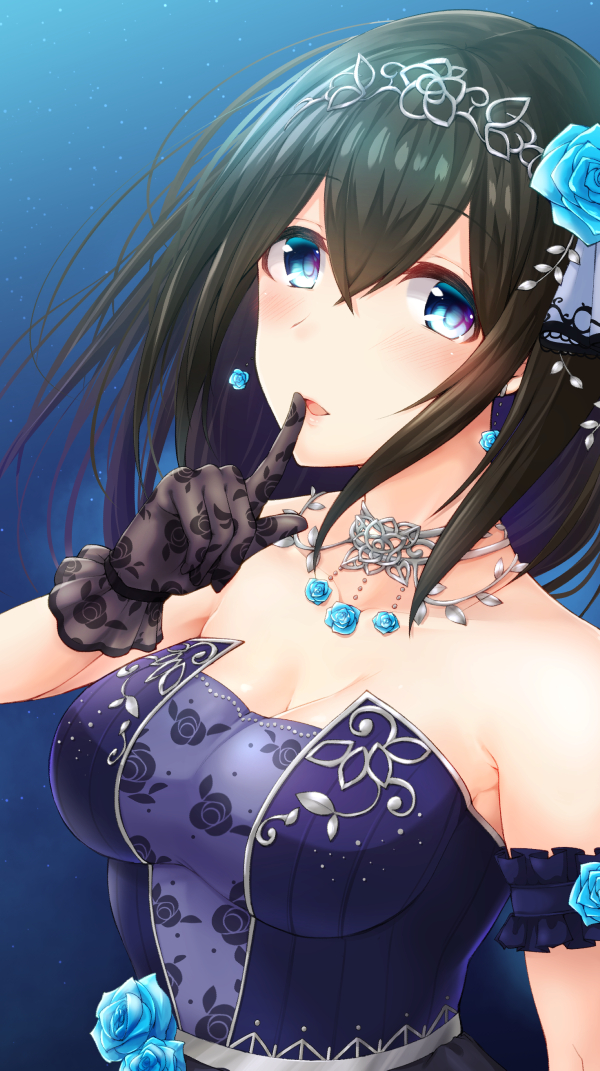 1girl black_dress black_gloves blue_eyes blush breasts cleavage dress finger_to_mouth flower gloves hair_flower hair_ornament hairband idolmaster idolmaster_cinderella_girls idolmaster_cinderella_girls_starlight_stage jewelry kyuunosuke_(lactis09) large_breasts long_hair looking_at_viewer necklace parted_lips sagisawa_fumika solo