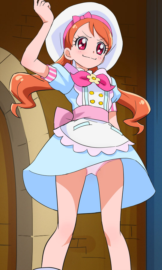 1girl arm_up beret blue_skirt blush haruyama_kazunori hat kirakira_precure_a_la_mode long_hair orange_hair panties pantyshot pantyshot_(standing) pink_panties precure red_eyes skirt smile solo standing twintails underwear usami_ichika