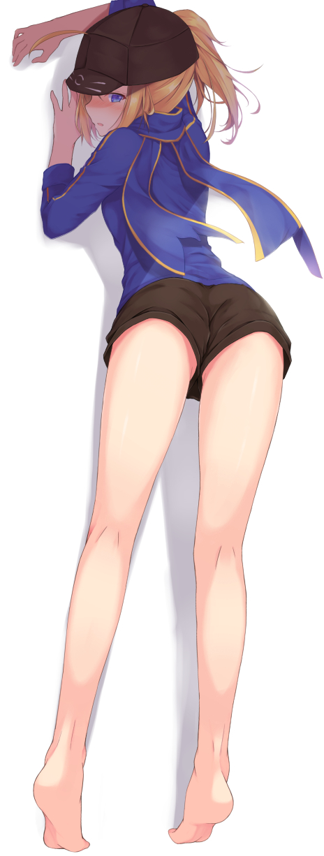 1girl against_wall ahoge bare_legs barefoot baseball_cap blue_scarf blush fate_(series) hat heroine_x highres jacket kneepits kurai_masaru legs looking_at_viewer looking_back parted_lips ponytail profile rojiura_satsuki_:_chapter_heroine_sanctuary saber scarf shadow short_shorts shorts sidelocks solo thighs tiptoes track_jacket