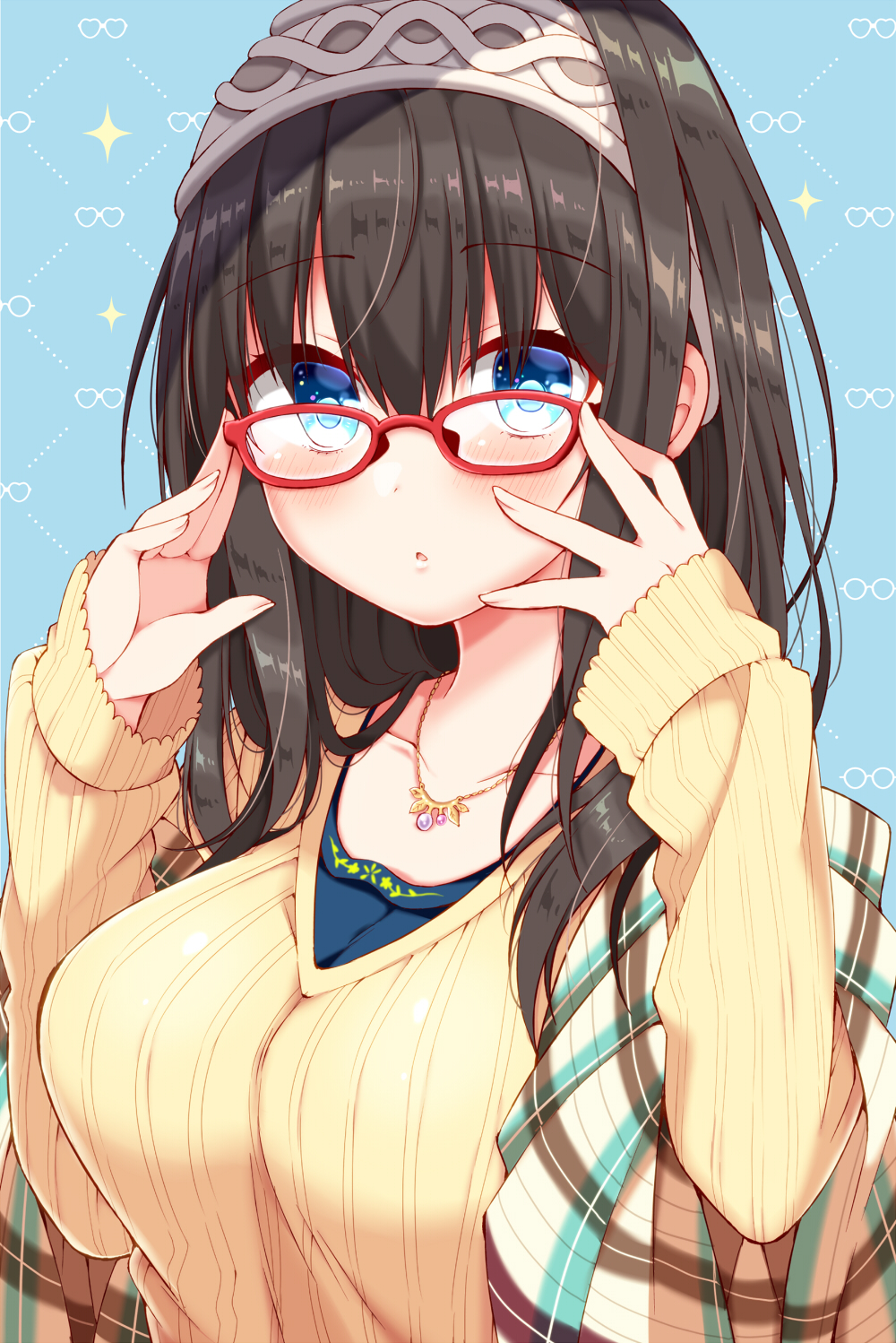 1girl adjusting_glasses bespectacled black_hair blue_eyes blush breasts glasses hairband highres idolmaster idolmaster_cinderella_girls jewelry large_breasts long_hair looking_at_viewer pendant red-framed_eyewear ribbed_sweater sagisawa_fumika shawl solo sweater tsukudani_norio upper_body