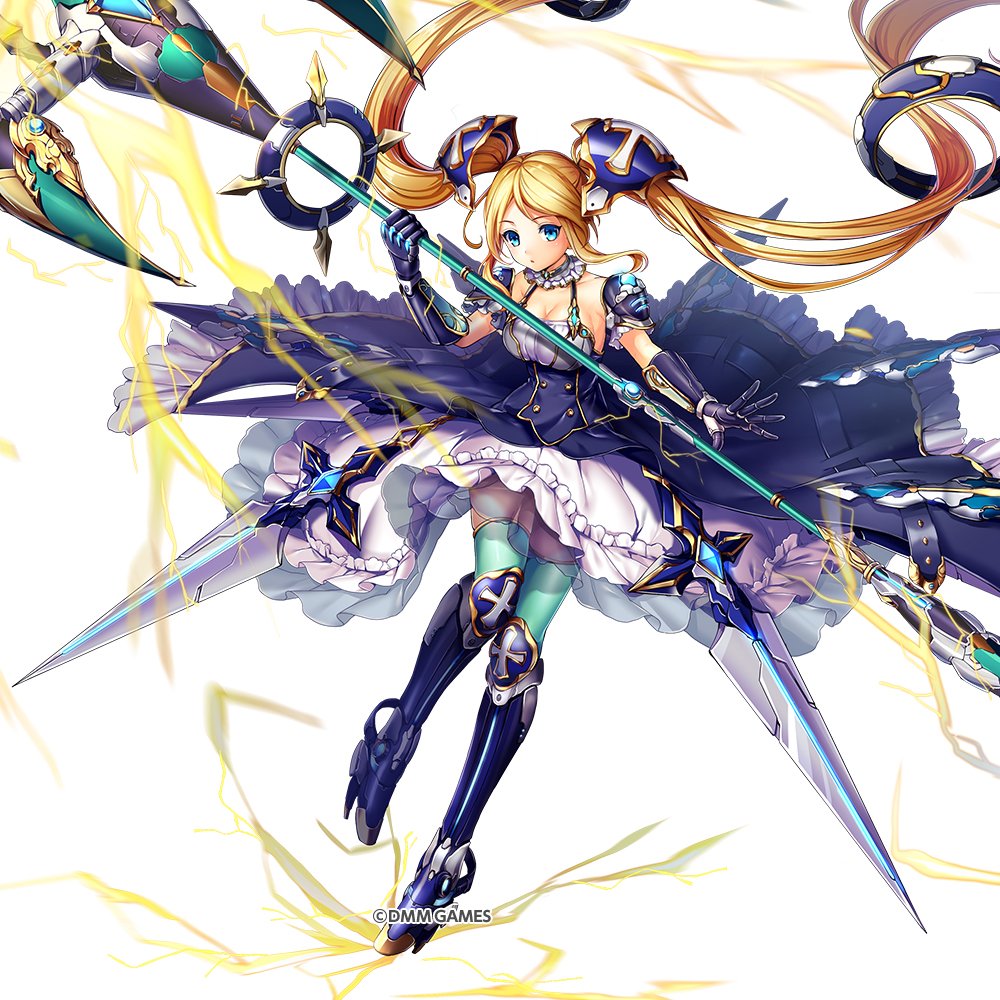 1girl blonde_hair blue_eyes blue_legwear breasts cleavage collar commentary_request copyright_name detached_collar dress elbow_gloves electricity frills full_body gloves hair_ornament holding kami_project long_hair looking_at_viewer medium_breasts official_art simple_background sleeveless solo staff sword thigh-highs twintails very_long_hair weapon white_background zettai_ryouiki