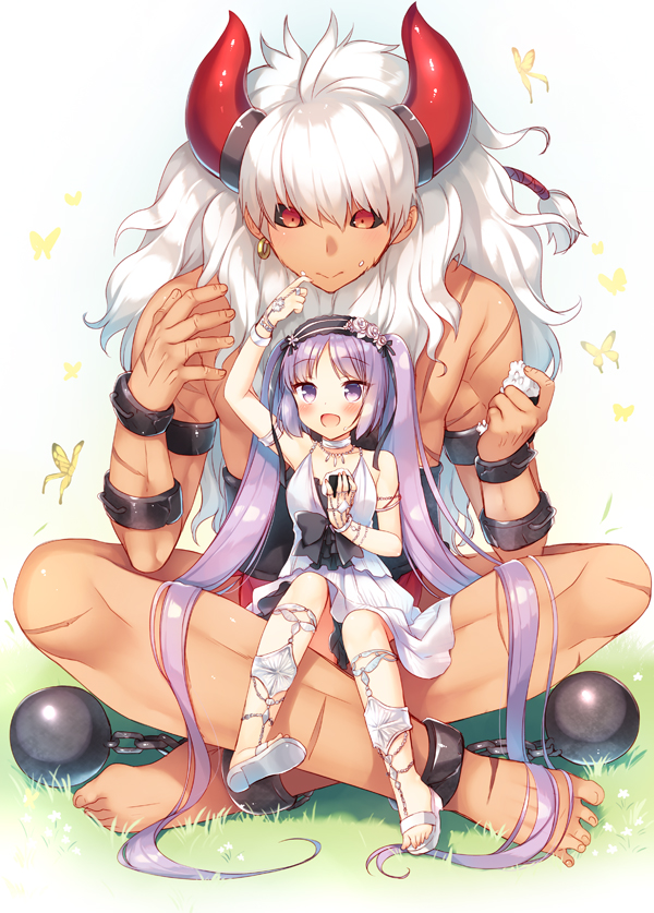 1boy 1girl :&gt; :d arm_up asterios_(fate/grand_order) ball_and_chain_restraint bare_shoulders black_sclera blush butterfly commentary dark_skin euryale fate/grand_order fate_(series) food food_on_face full_body hairband horns jewelry lolita_hairband long_hair onigiri open_mouth purple_hair red_eyes sazaki_ichiri scar single_earring sitting sitting_on_lap sitting_on_person size_difference smile twintails very_long_hair violet_eyes white_hair