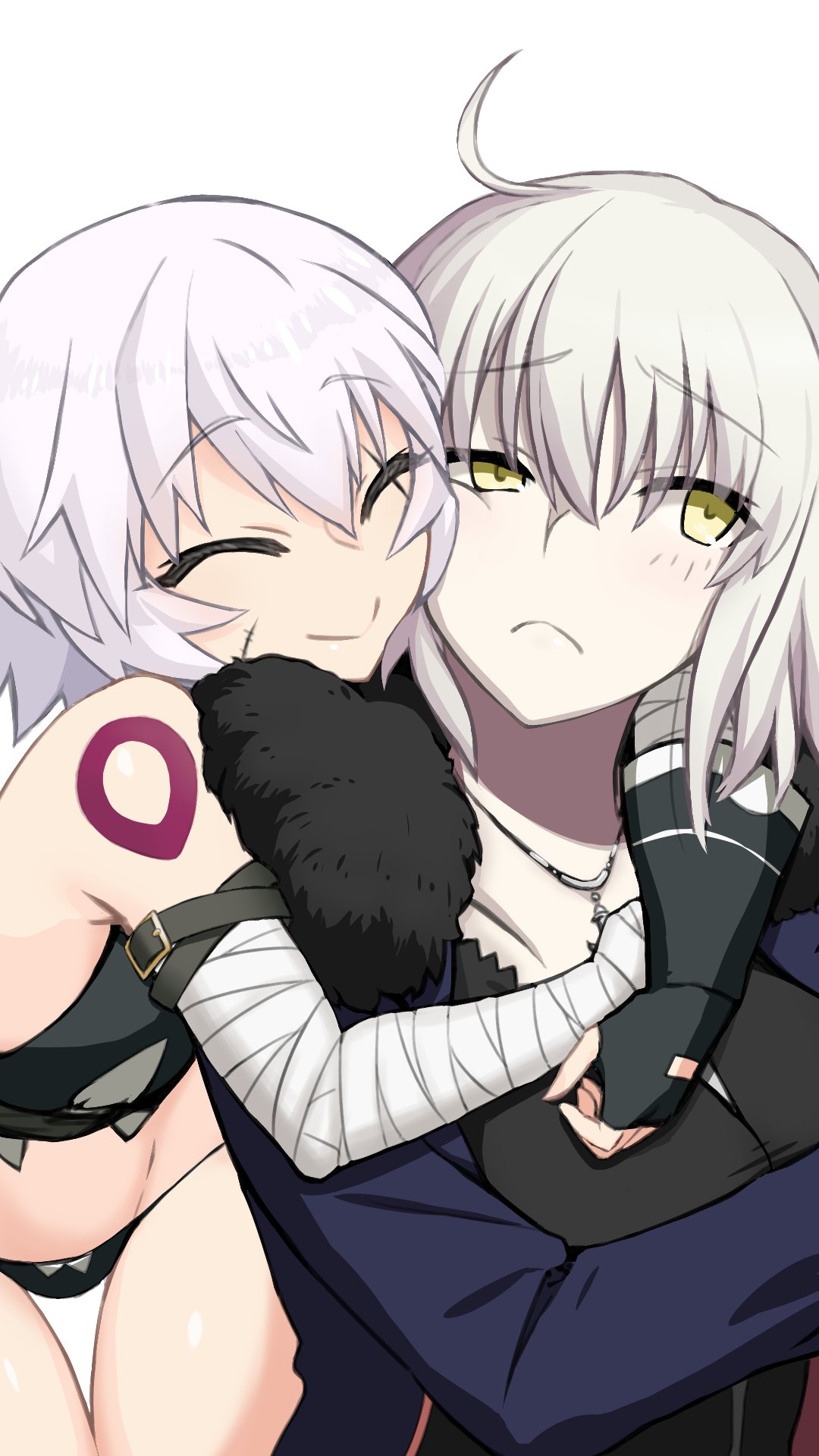 2girls arm_strap assassin_of_black bandage bandaged_arm bangs belt black_dress blue_coat blush chin_on_head chin_rest closed_eyes commentary_request cowboy_shot dress eyebrows_visible_through_hair fate/apocrypha fate/grand_order fate_(series) fur_trim green_eyes hair_between_eyes hands_on_another's_arms highres hug hug_from_behind jeanne_alter long_sleeves looking_at_another looking_away multiple_girls pale_skin panties ruler_(fate/apocrypha) scar scar_across_eye scar_on_cheek short_hair silver_hair simple_background sleeveless sleeveless_turtleneck smile susukune thigh_gap tsurime turtleneck underwear white_background yellow_eyes