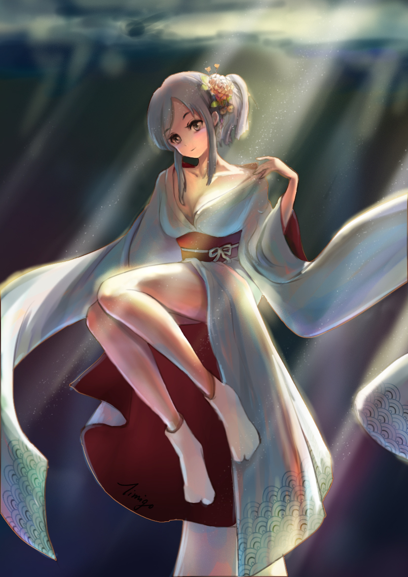 1girl bare_legs breasts cleavage collarbone flower grey_hair hair_flower hair_ornament hand_on_own_shoulder japanese_clothes kaga_(zhan_jian_shao_nyu) knees_together_feet_apart light_particles light_rays light_smile long_sleeves looking_at_viewer obi off_shoulder sash solo tabi tied_hair timigo white_legwear yellow_eyes zhan_jian_shao_nyu